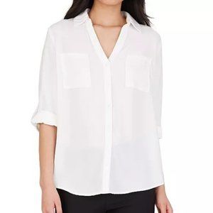 BCX Juniors' Button-Front Roll-Tab-Sleeve Pocket-Front Shirt